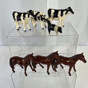 Vintage ERTL Farm Animals 3 Holstein Milk Cows, 3 Horses, Piglet 7 Piece Lot